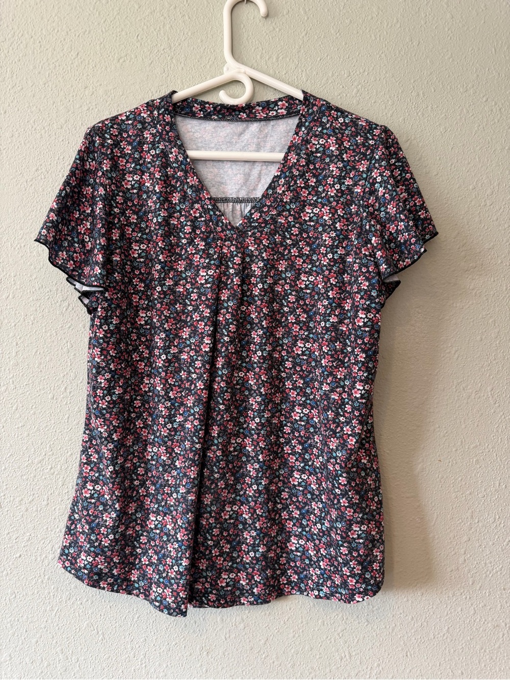 Floral V-Neck Flutter Sleeve Top - Black and Pink